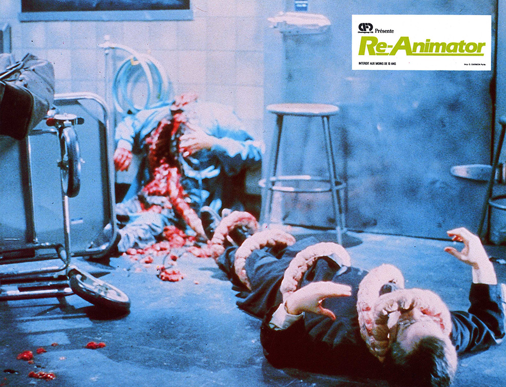 The finale of Re-Animator, in which a re-animated large intestine erupts from Dr. Hill's body and wraps itself around Herbert West.