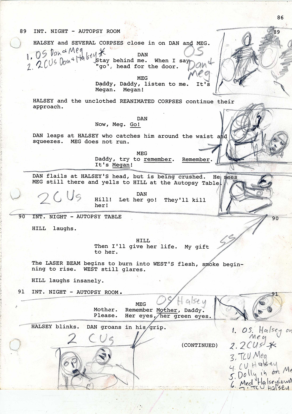 A page from the script of Re-Animator, with handwritten notes and storyboards by Gordon.