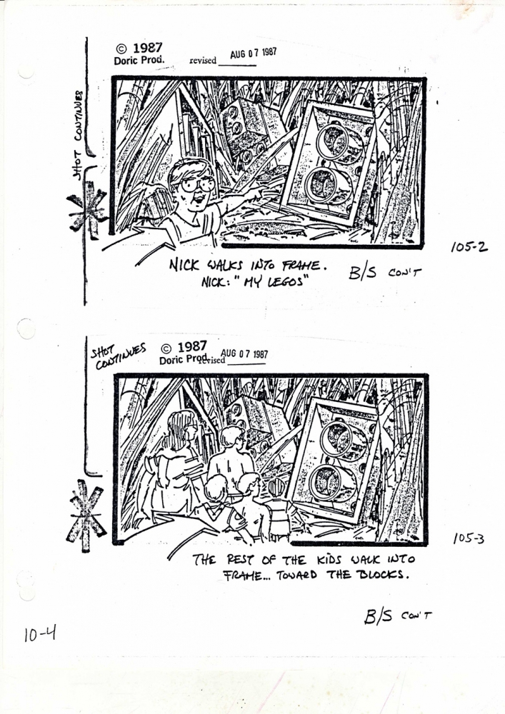 Honey I Shrunk the Kids storyboard depicting characters stumbling upon a giant Lego piece.