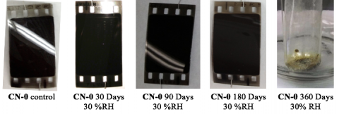 Aging CN-0 at 60 °C under a 30 %RH atmosphere caused significant changes in the physical appearance of the film samples
