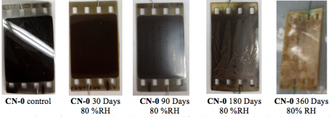 Aging CN-0 at 60 °C under an 80 %RH atmosphere resulted in the fastest degradation of the emulsion and yellowing of the nitrate base
