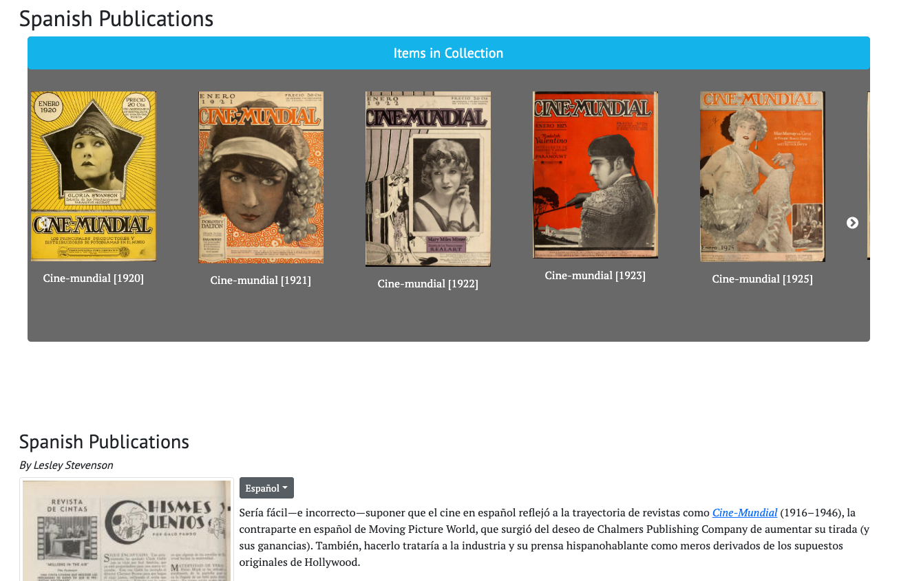 A screenshot of the Spanish Language publications page on the MHDL website. There is a row of colorful magazine covers on top, and a paragraph of spanish text toward the bottom of the screenshot.