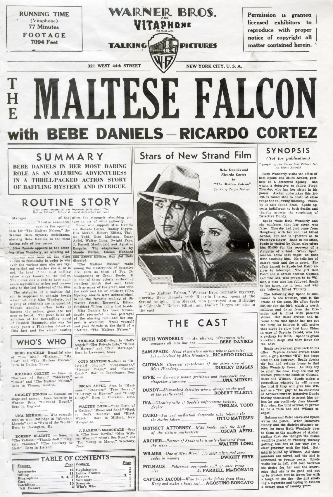 Front page of the Pressbook for the 1931 Warner Bros. film The Maltese Falcon