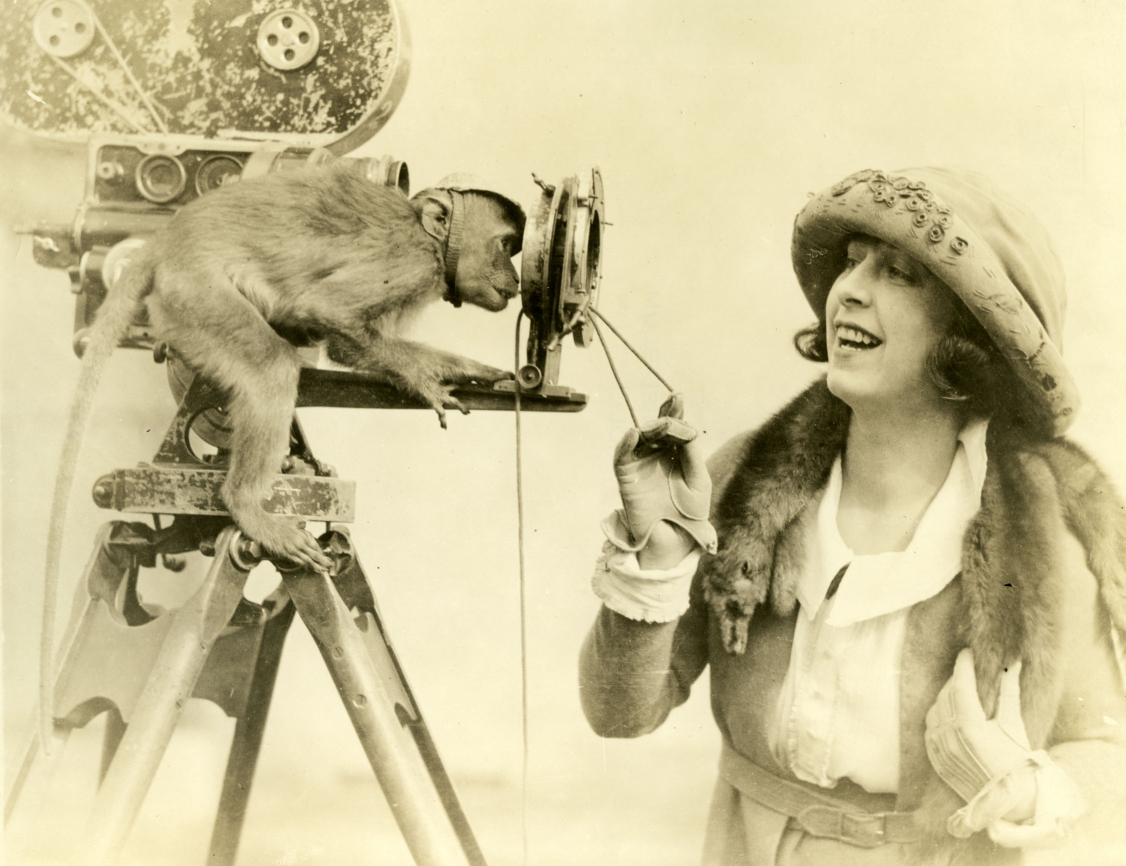 Silent cinema star Dorothy Phillips and her pet monkey, circa 1918. Original caption reads, "This is one of the rare snapshots which a photographer gets only once in a peagreen moon. Dorothy Phillips, star of Allen Holubar’s “The Soul Seeker” is showing simian how a fade out is made with the frontal attachment to the camera. The monk is taking a canny amused interest in the prodeeding (sic)." (Holubar's film was released under the title A Soul for Sale.)