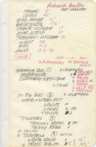 Jeakins's costume notes for the film The Night of the Iguana.