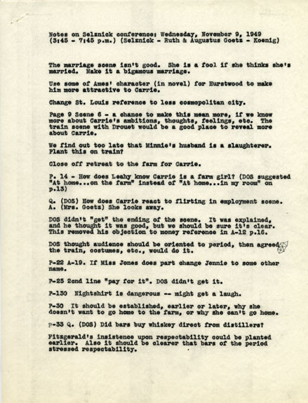 Notes from a meeting between Carrie screenwriters Ruth and Augustus Goetz and David O. Selznick (DOS)