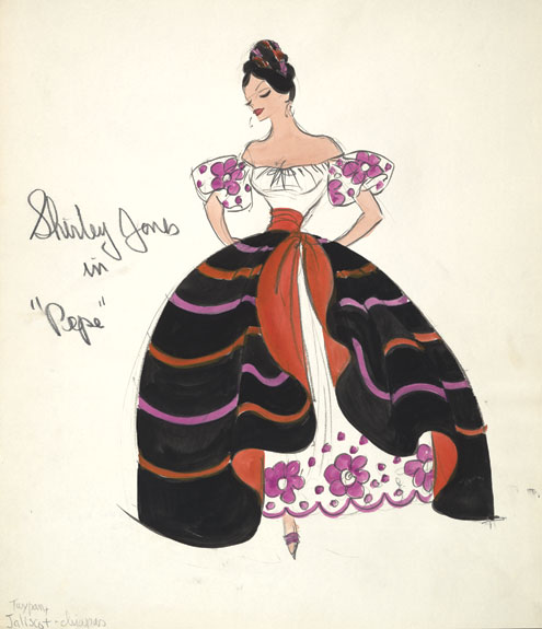 A costume sketch for Shirley Jones in the film Pepe.