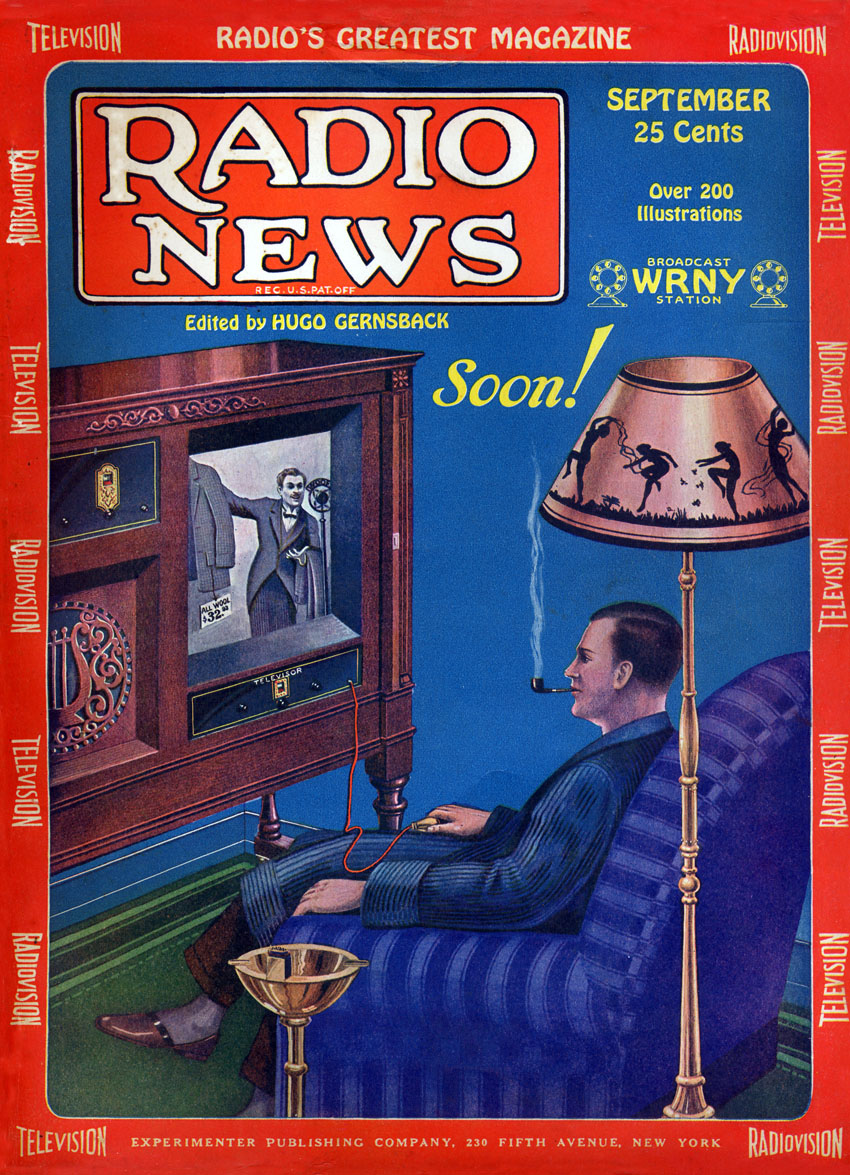 Cover of the cover of the September 1928 issue of Radio News. It shows a man smoking a pipe while watching a television screen in a living room