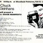 Flyer for a screening of Chuck Kleinhans films, with illustration of a woman holding a small gauge camera.