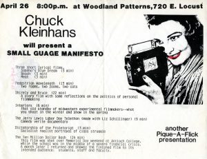 Flyer for a screening of Chuck Kleinhans films, with illustration of a woman holding a small gauge camera.